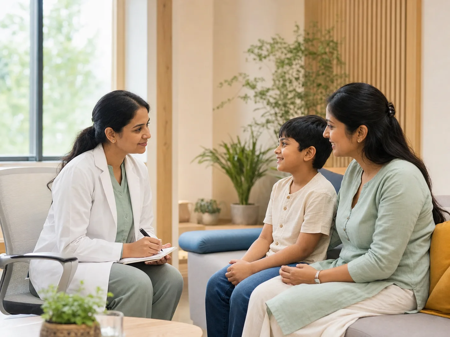 Illustrative scene of a clinician listening to a parent and child