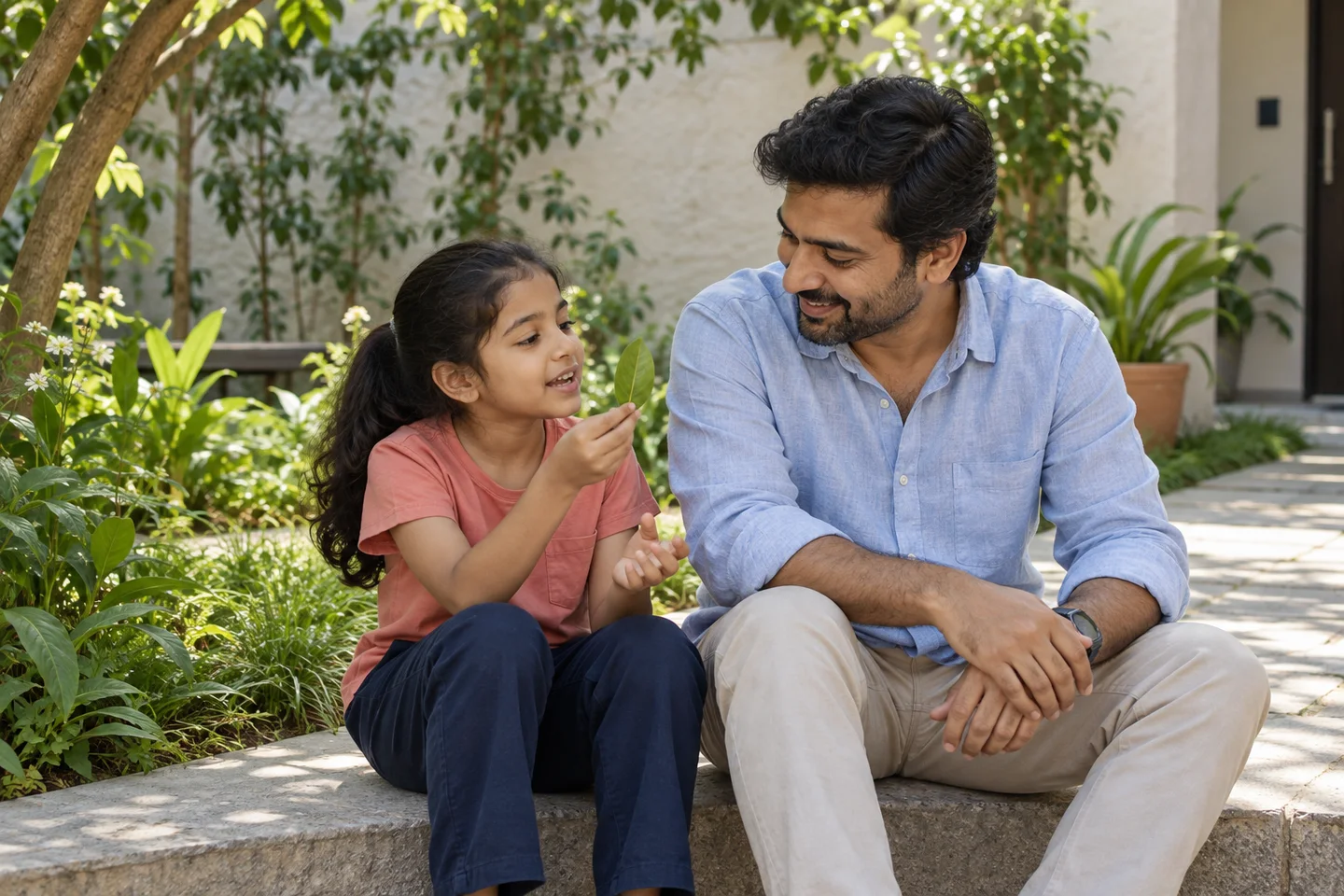 Illustrative scene of a father listening to his daughter as she shows him a leaf in a garden
